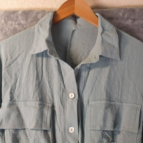 Womens Gauze Button Front Tie Waist Romper M Blue Roll Tab Sleeve Boho Casual - Picture 7 of 12